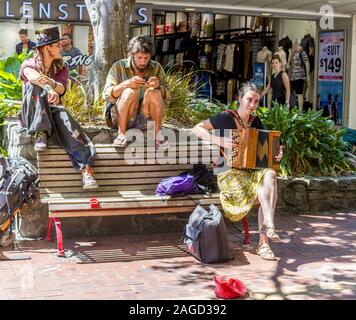 WELLINGTON, Neuseeland - 27.Januar 2015: eine Gruppe der Straßenmusikanten spielen auf dem Akkordeon und sitzen auf einer Bank in einer Straße in Wellington. Stockfoto