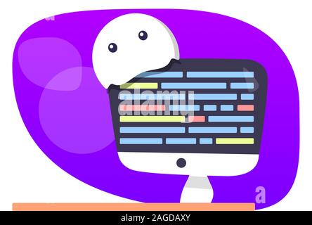 Clipkunst eines Gesichts, das auf einem Computerbildschirm sitzt Mit einem violetten Hintergrund mit Kreisen Stockfoto