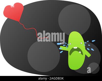 Grüne lustige Figur weint mit einem roten Herz Ballon auf Schwarzer Hintergrund Stockfoto
