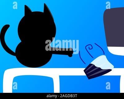 Abbildung einer schwarzen Katze, die auf einem weißen Computer steht Tabelle, in der ein Objekt entfernt wird Stockfoto