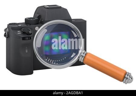 Digitalkamera mit Lupe, 3D-Rendering auf weißem Hintergrund Stockfoto