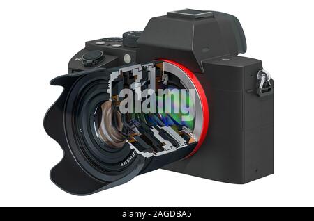 Schnittbild der spiegellosen Digitalkamera. 3D-Rendering auf weißem Hintergrund Stockfoto