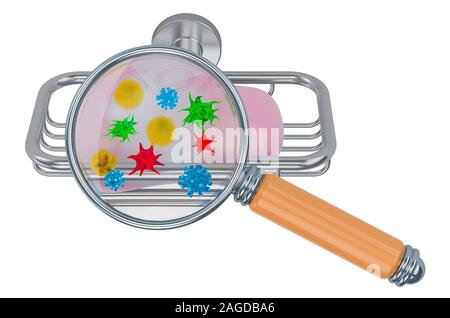 Seife in der Soap-Teller mit Viren und Bakterien unter der Lupe, 3D-Rendering auf weißem Hintergrund Stockfoto
