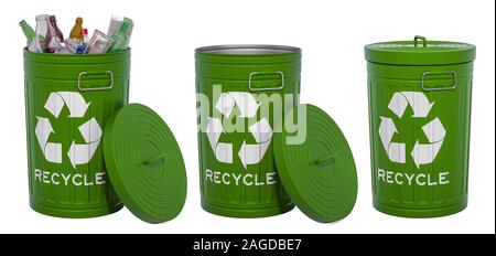 Green Recycling metallischer Mülltonnen. Leer, geschlossen und voller Müll. 3D-Rendering auf weißem Hintergrund Stockfoto