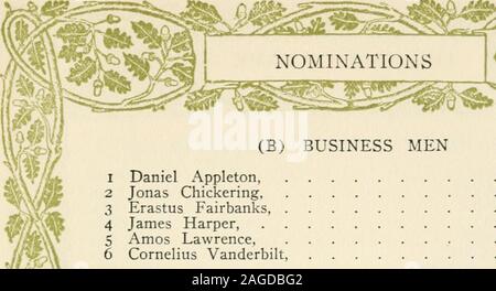 . Die Geschichte der Hall of Fame, auch das Leben und die Porträts der Auserwählten und derjenigen, die kaum Wahl verpasst. Auch eine Liste der am meisten geeignete Frauen. 1783-1859 1796-1859. Nominierungen (B) BUSINESS MEN Daniel Appleton 1785-1849 Jonas Chickering 1798-1853 3 Erastus Fairbanks, 1792-1864 4 James Harper, 1795-1869 5 Amos Lawrence 1786-1852 6 Cornelius Vanderbilt, 1794-1877 (C) Pädagogen 1 Thomas H. Gallaudet, 1787-1851 2 Mark Hopkins, 1802-1887 3 Samuel G. Howe, 1801-1876 Taylor Lewis, 1802-1887 5 Elias Loomis, 1213 1811-1 * 6 Mary Lyon, 1797-1849 7 William H. McGuffey, 1800-1873 8H Stockfoto