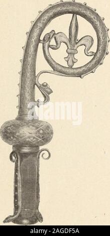 . Objets d'Art et de haute curiosité de l'Antiquité, du Moyen Age et de la Renaissance. erminée en Mitre à sa Nebenklägerin supé-rieure. Sous Les Deux surmontées pleincintre arcatures en, de la représentationdun édihce darchitecture de Fantaisie, sind représentés, debout, deux apôtresréservés et gravés sur un Fond démailbleu - Lapis, traversé Gleichheit des Bandes debleu-türkis. Ce-Fond est Lui - mêmesemé de rosaces démaux multicolores. Limoges, Xiii "siècle. Haut., 25 Cent.; Larg., 11 Cent. 1/2. i53-CiiossE, champlevé cuivre et émaillé. Le crosseron Est de recouvert motifsimbriqués, émaillés de Bleu - türkis. La Stockfoto