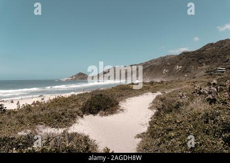 Schöne Landschaft eines Strandes in der Nähe des Meeres von felsigen Bergen in Florianopolis, Brasilien umgeben Stockfoto