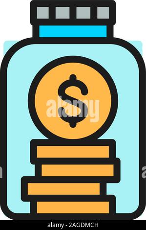 Jar für spenden Geld, Glasflasche mit Münzen flat Color Line Symbol. Stock Vektor