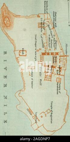 . Ägypten und die Sûdân; Handbuch für Reisende. 450 v. Chr.), keine Erwähnung der Insel. Die erste Erwähnung von Philse stammt aus der Regierungszeit von Nektanebos (Ca. 350 v. Chr.; s. cvii), die der älteste Tempel bauten auf theisland gehören. Aber es gibt wenig Zweifel, dass Philse wurde inhabitedand mit Tempeln in einer früheren Periode geschmückt. Der oberste Gottheit der Philse war die Göttin Isis, Osiris, SkniNepliihys Halhor (s. 370), Khnum und Satet., die Götter der Katarakte, und otherdeities wurden ebenfalls hier angebetet. Das imposante Gebäude whichlend der Insel sein charakteristisches Aussehen Stockfoto