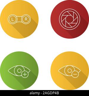 Ophtalmology Flachbild lineare lange Schatten Symbole gesetzt. Kontaktlinsen, Membran, Myopie, Hyperopie. Vektor Kontur Abbildung Stock Vektor