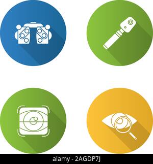 Ophtalmology flache Bauweise lange Schatten Glyphe Symbole gesetzt. Phoroptor, ophthalmoscope, Retina scan, die sehkraft testen. Vektor silhouette Abbildung Stock Vektor