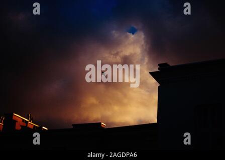 Low-Angle-Aufnahme eines Vogels, der unter dem Sturm fliegt Wolken über den Betongebäuden bei Nacht Stockfoto