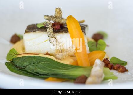 Köstliche Teller mit Abendessen mit Meeresfrüchten und verschiedenen Arten gemacht Von exotischen Früchten und Gemüse Stockfoto