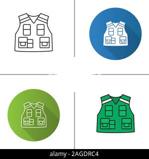 Polizei taktische Weste Symbol. Flache Bauweise, lineare und Farbe Stile. Kugelsichere Weste. Fischer, Fotograf Kleidung. Isolierte Vektorgrafiken Stock Vektor