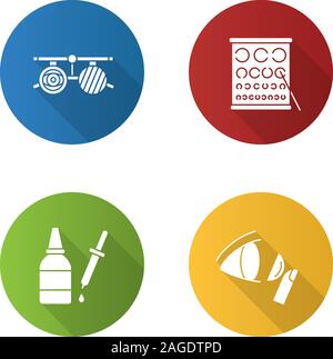 Ophtalmology flache Bauweise lange Schatten Glyphe Symbole gesetzt. Prüfung Gläser, Landolt chart, Augentropfen und Dropper, Kontaktlinsen. Vektor silhouette Abbildung Stock Vektor