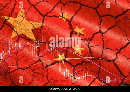 Beziehungen USA China Handel Krieg Geld Tarife mit China Flagge Aktienkurs auf Risse in der Wand/Wirtschaft Rezession Konflikt Business Finance, selektive Stockfoto