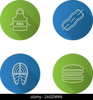 Grill flach linear lange Schatten Symbole gesetzt. BBQ. Schürze, Speck auf Spieß, Fisch, Steak, Burger. Vektor Kontur Abbildung Stock Vektor
