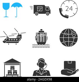 Gütertransporte Glyphe Symbole gesetzt. Silhouette Symbole. Zerbrechlich, Lieferwagen, Hotline, Hubschrauber, Frachtschiff, Anfahrtsplan, Lager, call center Betr. Stock Vektor