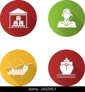 Gütertransporte flache Bauweise lange Schatten Glyphe Symbole gesetzt. Lieferservice. Lager-, Call Center- Betreiber, militärische Hubschrauber, Frachtschiff. Vektor sil Stock Vektor