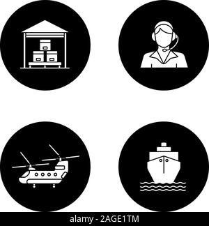 Gütertransporte Glyphe Symbole gesetzt. Lieferservice. Lager-, Call Center- Betreiber, militärische Hubschrauber, Frachtschiff. Vektor weisse Silhouetten Lllustrat Stock Vektor