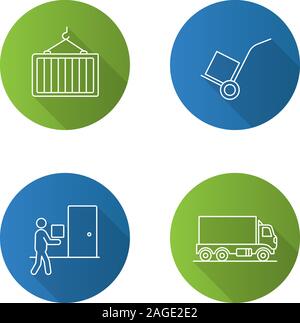 Gütertransporte Flachbild lineare lange Schatten Symbole gesetzt. Lieferservice. Intermodalen container, Courier, Lieferwagen, dolly Warenkorb. Vektor Kontur illustra Stock Vektor