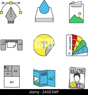 Drucken farbige Symbole gesetzt. Füllhalter Feder, Tinte, Broschüre, Großformatdrucker, runde Aufkleber, Farbpaletten, Blatt Papier Größen, Booklet, Ciudad Stock Vektor
