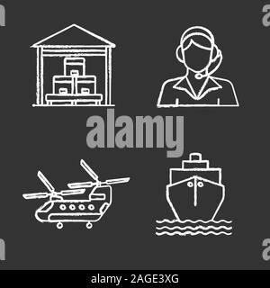 Gütertransporte chalk Symbole gesetzt. Lieferservice. Lager-, Call Center- Betreiber, militärische Hubschrauber, Frachtschiff. Isolierte vektor Schiefertafel illustr Stock Vektor