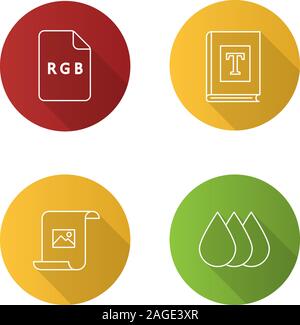 Drucken flache Lineare lange Schatten Symbole gesetzt. Polygraphie und Typografie. Rgb-Farbmodell, Buch cover Druck, Papier mit Bild, Patrone Tintentropfen. Ve Stock Vektor