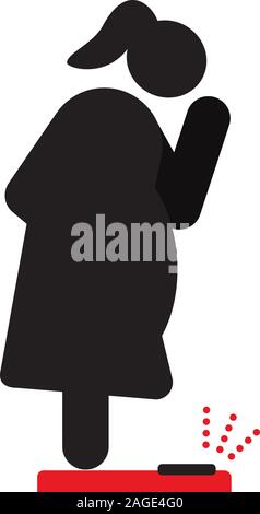 Fette Frau auf Bodenwaagen silhouette Symbol. Adipositas, Übergewicht. Wiegen. Isolierte Vector Illustration Stock Vektor