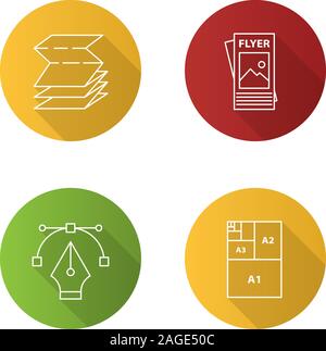 Drucken flache Lineare lange Schatten Symbole gesetzt. Polygraphie und Typografie. Gefaltete Broschüre, Flyer, Kugelschreiber nib, Papierformate. Vektor Kontur Lllustrat Stock Vektor