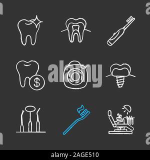 Zahnheilkunde chalk Symbole gesetzt. Gesunde Zahnsubstanz, elektrische Zahnbürste, Dental Service Preise, Implantat, zahnärztliche Instrumente, Zahnseide, zahnmedizinische Cha Stock Vektor