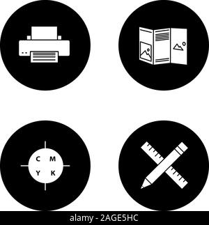 Drucken Glyphe Symbole gesetzt. Drucker, gefaltete Broschüre, CMYK-Farbmodell, Bleistift und Lineal. Vektor weisse Silhouetten Abbildungen in schwarzen Kreisen Stock Vektor