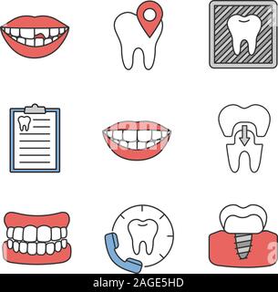 Zahnheilkunde farbige Symbole gesetzt. Gebrochene Zähne, zahnmedizinische Klinik Lage, Röntgenbild, Diagnosebericht, gesundes Lächeln, Krone, Prothese, der Anruf wird der Zahnarzt, impla Stock Vektor