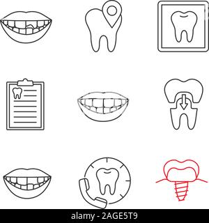 Zahnheilkunde lineare Symbole gesetzt. Gebrochen und fehlende Zähne, Klinik Lage, x-ray, Diagnosebericht, Lächeln, Krone, Zahnarzt, Implantat. Thin Line con Stock Vektor