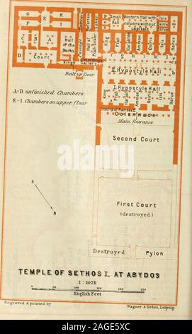 . Ägypten und die Sûdân; Handbuch für Reisende. - OfSelhnsl iSjTiiitedlij eingraviert. ABYDO?&gt;. 18. Route. 239 originalen Türen entsprach der sieben Heiligtümer der Fsme-Tempel. Umzüge zu Ehren des Königs scheinen von der doorto der extremen Linken eingegeben zu haben; der nächste serviert für Prozessionen zu Ptali, die thirdfor Harakhte, der vierte für Amon, der fünfte für Osiris, der sixthfor Isis, und die siebte für Ilorus. Ramses, jedoch, ummauerten vipsix dieser Türen, das Zentrale allein als wichtigste entranceto den Tempel. Der Eingang ist von den alten Haupteingang. Wir firstenter der F Stockfoto