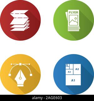 Drucken flache Bauweise lange Schatten Glyphe Symbole gesetzt. Polygraphie und Typografie. Gefaltete Broschüre, Flyer, Kugelschreiber nib, Papierformate. Vektor Silhouette Stock Vektor