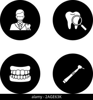 Zahnheilkunde Glyphe Symbole gesetzt. Stomatologie. Zahnarzt, Zähne, Zahnersatz, Dental bohren. Vektor weisse Silhouetten Abbildungen in schwarzen Kreisen Stock Vektor