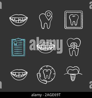 Zahnheilkunde chalk Symbole gesetzt. Gebrochen und fehlende Zähne, zahnmedizinische Klinik Lage, X-Ray, Diagnosebericht, gesundes Lächeln, Krone, Zahnarzt, Implantat. Stock Vektor