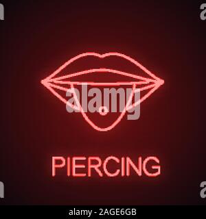 Durchbohrte Zunge Neonlicht Symbol. Zunge mit Ring. Piercing glühende unterzeichnen. Vektor isoliert Abbildung Stock Vektor
