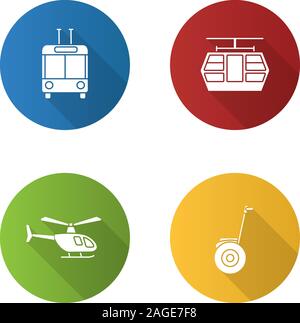 Öffentliche Verkehrsmittel flache Bauweise lange Schatten Glyphe Symbole gesetzt. Verkehrsträger. Obus, Seilbahn, Hubschrauber, Selbstausgleichenden scooter. Vektor silhou Stock Vektor