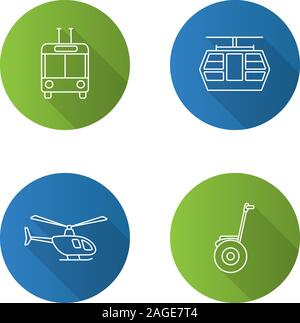 Öffentliche Verkehrsmittel Flachbild lineare lange Schatten Symbole gesetzt. Verkehrsträger. Obus, Seilbahn, Hubschrauber, Selbstausgleichenden scooter. Vektor Kontur illu Stock Vektor