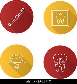 Zahnheilkunde Flachbild lineare lange Schatten Symbole gesetzt. Elektrische Zahnbürste, Zähne, x-ray, zahnärztliche Implantate, Dental Krone. Vektor Kontur Abbildung Stock Vektor