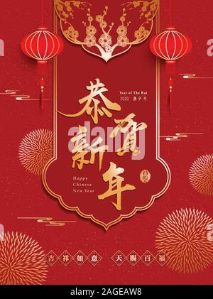 Chinesisches Neues Jahr, das Jahr der Ratte. Übersetzung: Happy Chinese New Year. niedrigste Teil Dichtung Übersetzung: Glück, Glück und Glückseligkeit. Stock Vektor