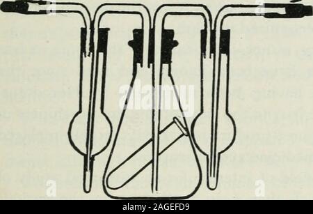 . American journal der Apotheke. Einfache Formen der Laborgeräte. 259 Das kalziumchlorid Röhrchen sind zu einem gefüllt - die Hälfte der Höhe des thebulb mit konzentrierter Schwefelsäure, und die offenen Glas tubesclosed mit kleinen Glas Stopfen in kurze Abschnitte der Gummischläuche statt. Im Einsatz wird der Erlenmeyerkolben getrennt ist, wird das Reagenzglas wieder verschoben und etwa 0*5 Gramm Natriumcarbonat in die trockenen Kolben determinedweighed zu sein; ausreichend Wasser wird dann hinzugefügt, das untere Ende des Kapillarrohrs zu coverthe; der Test-tube ist withabout 4 c.c. starke Salzsäure aufgeladen und vorsichtig absenken in die Stockfoto
