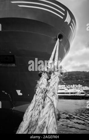 Vertikale Graustufen Aufnahme eines dicken Seil hält die große Versand Stockfoto