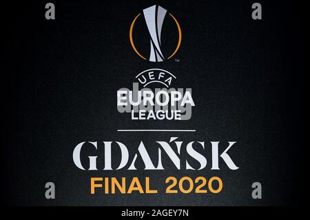 Danzig, Polen. 18 Dez, 2019. UEFA Europa League Finale 2020 Danzig logo. Die 2020 UEFA Europa League Finale im Finale der UEFA Europa League 2019-20, die 49. Saison der Europäischen sekundären Verein Fußball-Turnier von der UEFA organisiert werden, und die 11. Saison, da es von den UEFA-Pokal der UEFA Europa League umbenannt wurde. Es wird im Stadion Energa Danzig in Danzig, Polen am 27. Mai 2020 gespielt werden. Credit: SOPA Images Limited/Alamy leben Nachrichten Stockfoto