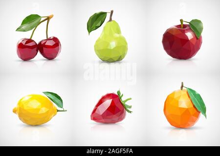 Kirsche, Birne, Apfel, Zitrone, Erdbeere und orange im Stil der Low Poly. Vector Illustration Stock Vektor