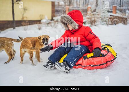 Kleiner Junge spielt mit einem Welpen im Winter Stockfoto