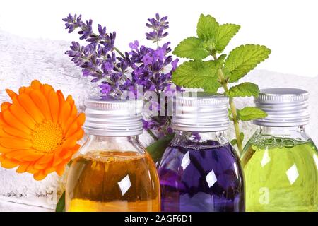 Calendula, Lavendel und Melisse Öl Stockfoto