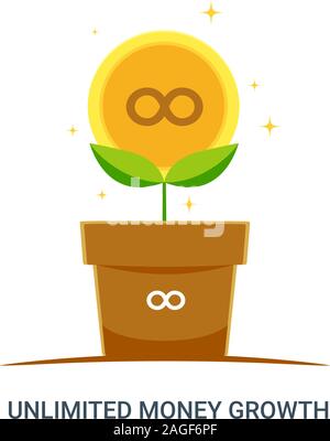 Goldene Münze Pflanze im Topf mit unbegrenzten Symbol. Isolierte Vector Illustration Stock Vektor